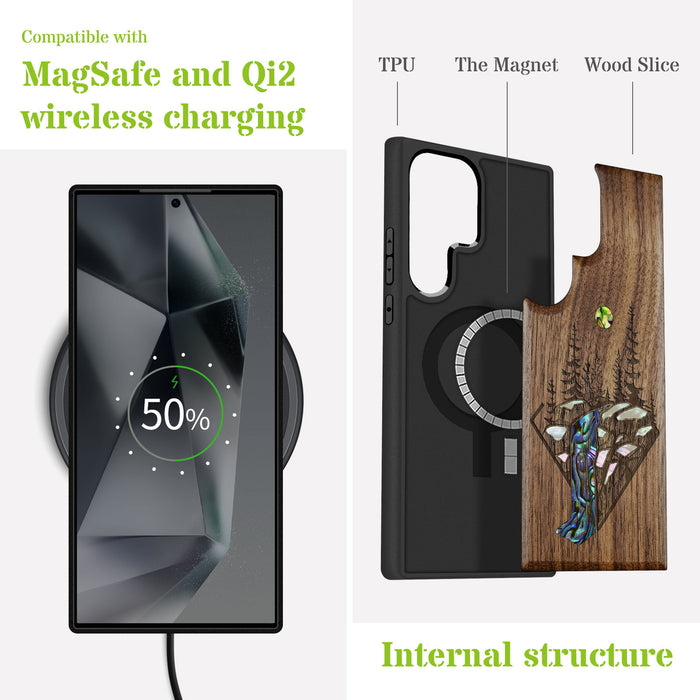 The Floating Forest and Waterfall, Hand-Inlaid Wood & Mother of Pearl Case - Artisanal Cover for Samsung Galaxy