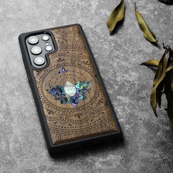 Lotus Mandala Essence, Hand-Inlaid Wood & Mother of Pearl Case - Artisanal Cover for Samsung Galaxy