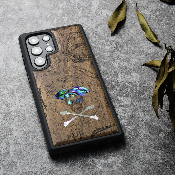 The Pirate's Legacy, Hand-Inlaid Wood & Mother of Pearl Case - Artisanal Cover for Samsung Galaxy