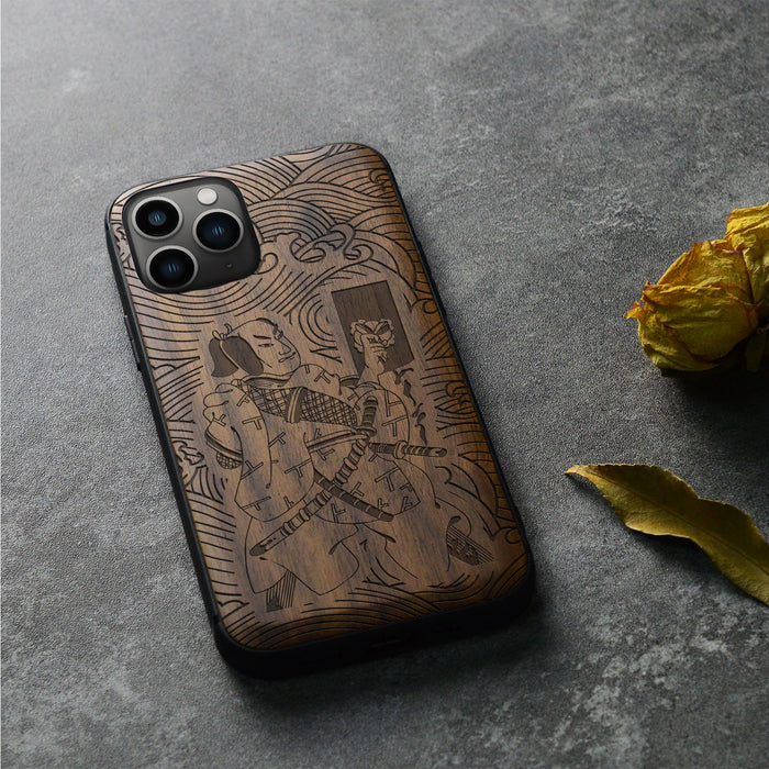 The Samurai's Stand Amidst the Tempest, Classic Engraved Wood & TPU Case - Artisanal Cover for Apple iPhone