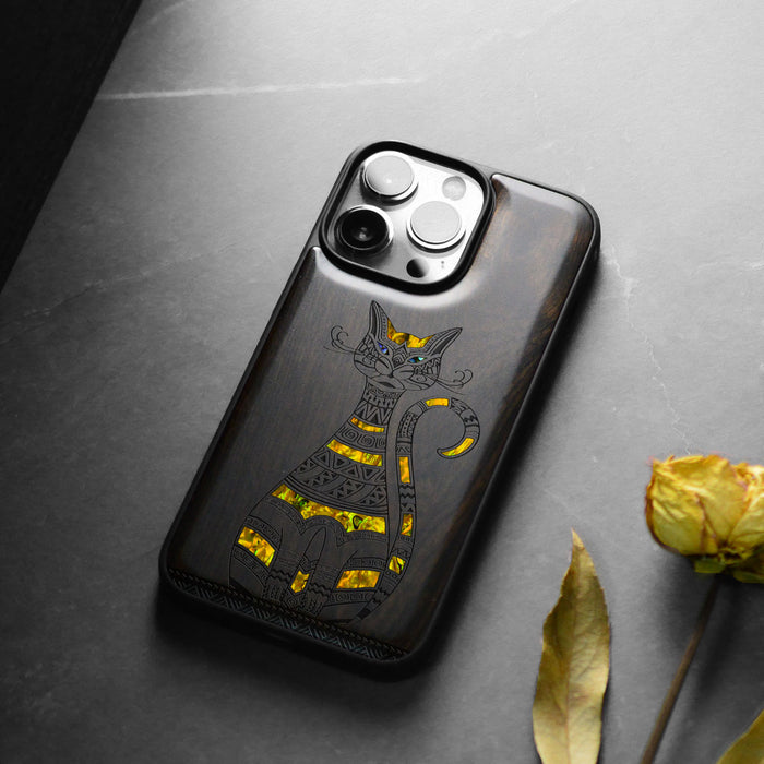 Tribal Cat Art, Hand-Inlaid Wood & Mother of Pearl Case - Artisanal Cover for Apple iPhone