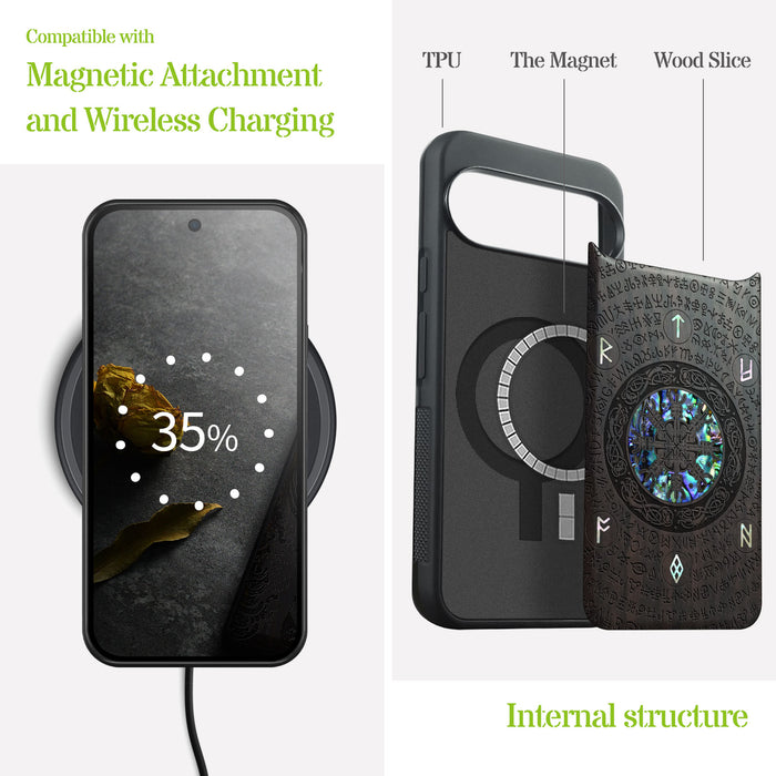 The Shield of Dragons and Awe, Hand-Inlaid Wood & Mother of Pearl Case - Artisanal Cover for Google Pixel