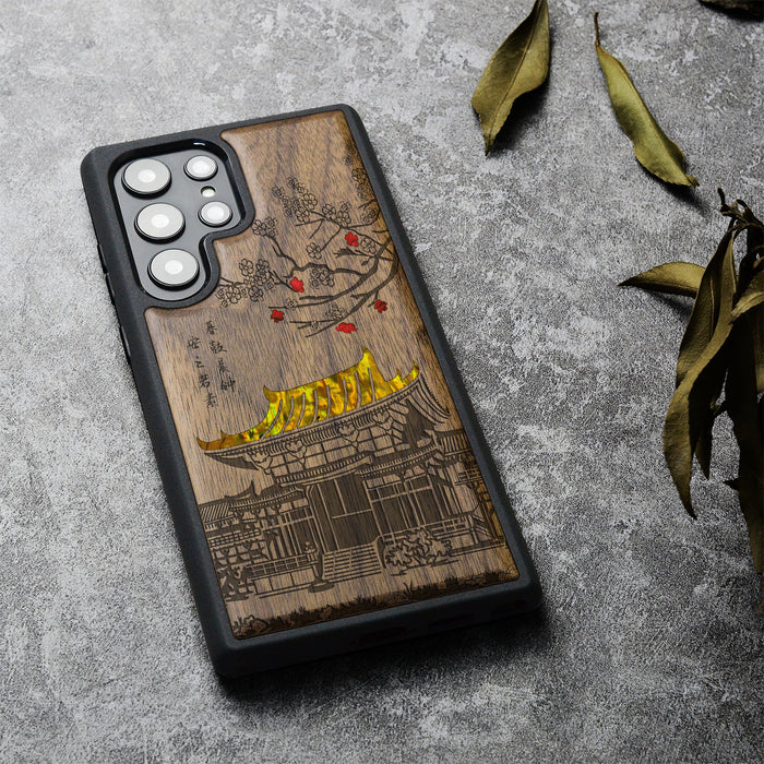 The Ancient Temple Amidst Cherry Blossoms, Hand-Inlaid Wood & Mother of Pearl Case - Artisanal Cover for Samsung Galaxy