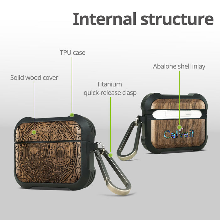 The Yin Yang Paisley - Wood Artisan Engraved & Shell Hand-Inlaid Cover - Artisanal Case for Apple AirPods (Titanium Quick Released Clasp)