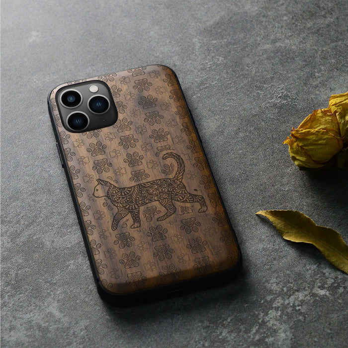 Majestic Tribal Feline, Classic Engraved Wood & TPU Case - Artisanal Cover for Apple iPhone