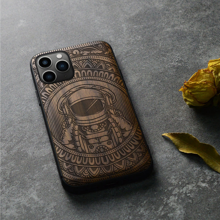 Astronaut in Mandalic Embrace, Classic Engraved Wood & TPU Case - Artisanal Cover for Apple iPhone