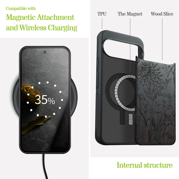 The Chrysanthemum and the Songbird, Classic Engraved Wood & TPU Case - Artisanal Cover for Google Pixel