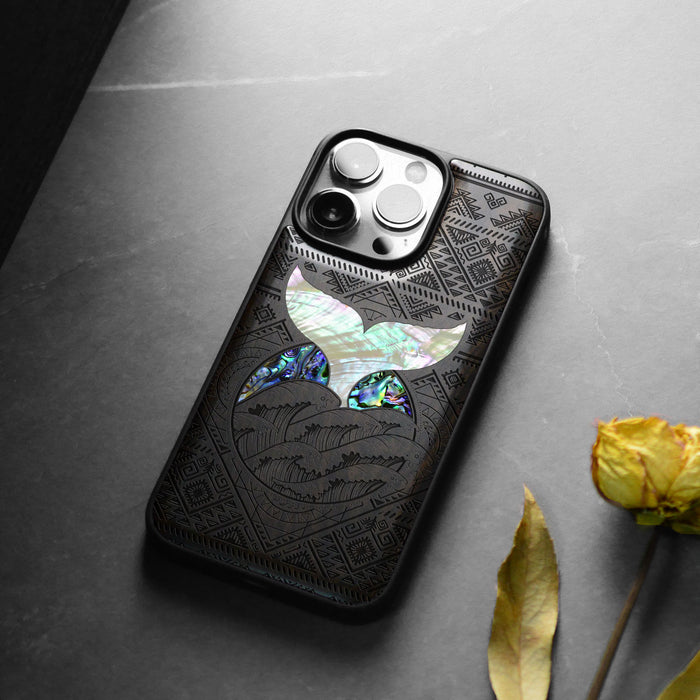 The Whale's Song Amidst Aztec Waves, Hand-Inlaid Wood & Mother of Pearl Case - Artisanal Cover for Apple iPhone