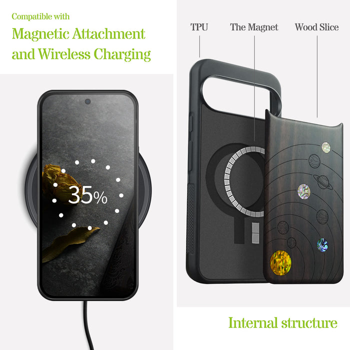 Solar System Simplicity, Hand-Inlaid Wood & Mother of Pearl Case - Artisanal Cover for Google Pixel