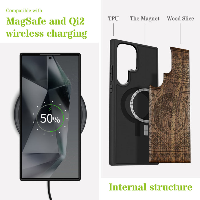 The Yin Yang Sun and Moon, Classic Engraved Wood & TPU Case - Artisanal Cover for Samsung Galaxy