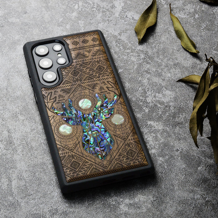 Aztec Geometric Deer, Hand-Inlaid Wood & Mother of Pearl Case - Artisanal Cover for Samsung Galaxy