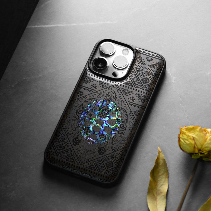 The Beautiful Turtle, Hand-Inlaid Wood & Mother of Pearl Case - Artisanal Cover for Apple iPhone