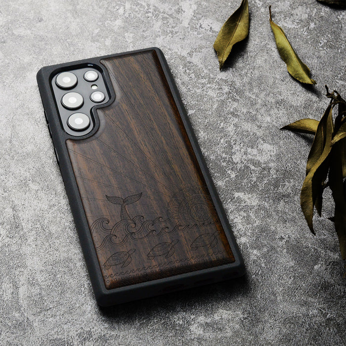 The Whale's Sunset Dance, Classic Engraved Wood & TPU Case - Artisanal Cover for Samsung Galaxy