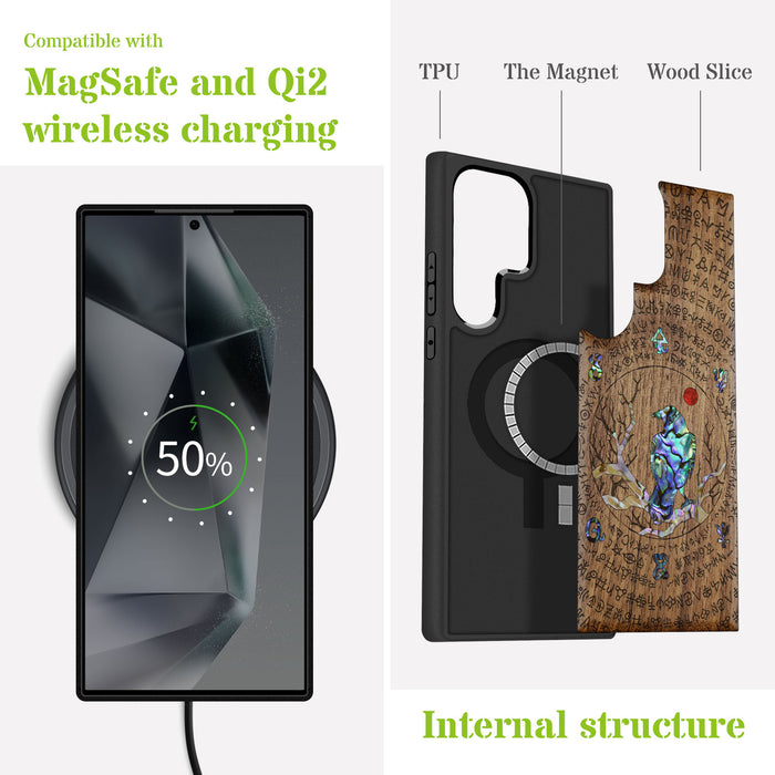 Whispers of the Enigma, Hand-Inlaid Wood & Mother of Pearl Case - Artisanal Cover for Samsung Galaxy