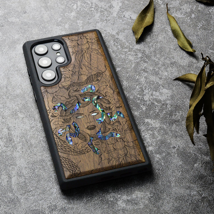 The Medusa Enigma, Hand-Inlaid Wood & Mother of Pearl Case - Artisanal Cover for Samsung Galaxy