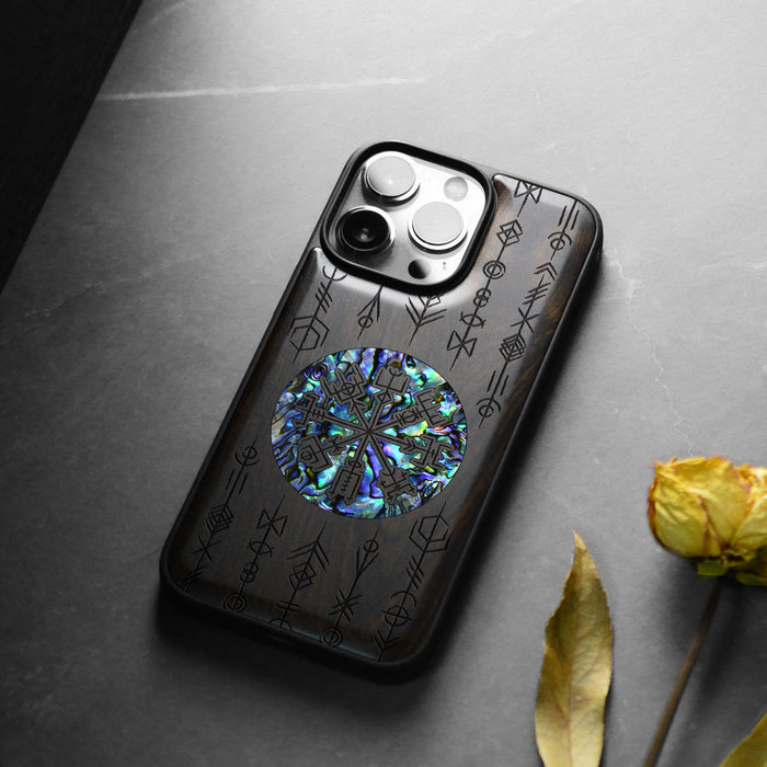 Echoes of Viking Lore, Hand-Inlaid Wood & Mother of Pearl Case - Artisanal Cover for Apple iPhone