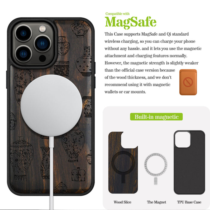 The Art of Chinese Ceramic Design, Classic Engraved Wood & TPU Case - Artisanal Cover for Apple iPhone