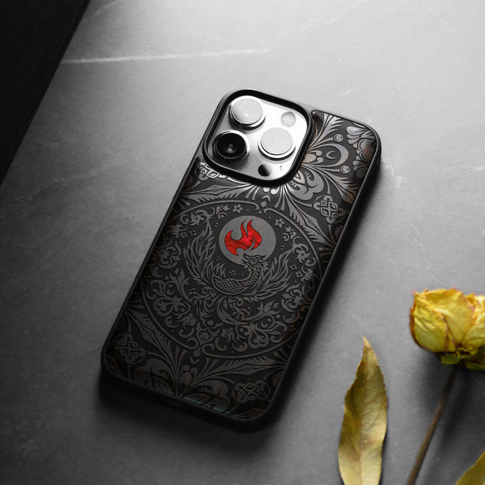 Phoenix in Symmetry, Hand-Inlaid Wood & Mother of Pearl Case - Artisanal Cover for Apple iPhone