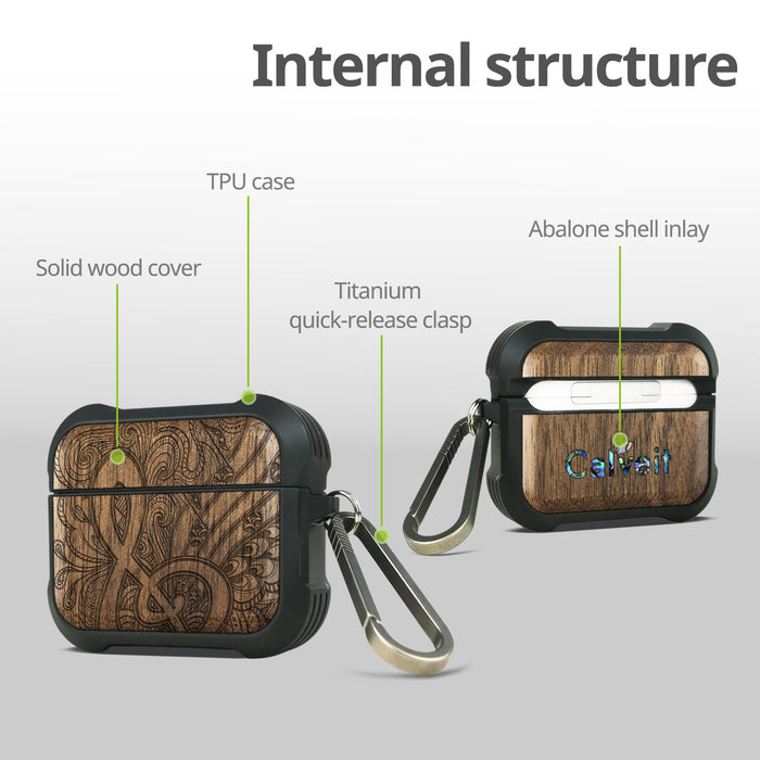 Zen Doodle Treble Clef - Wood Artisan Engraved & Shell Hand-Inlaid Cover - Artisanal Case for Apple AirPods (Titanium Quick Released Clasp)