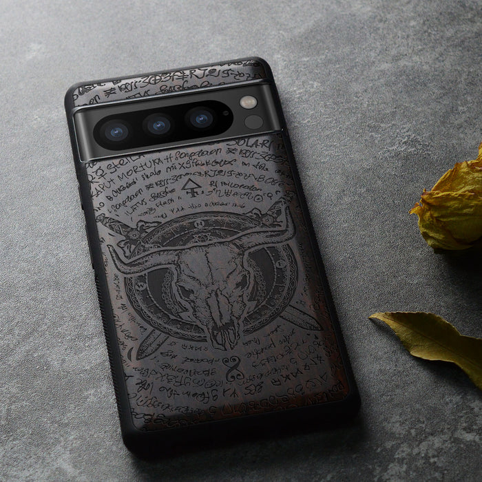 Brave Skull, Classic Engraved Wood & TPU Case - Artisanal Cover for Google Pixel