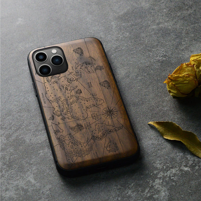 Physical World Map with Antique Travel Ship, Classic Engraved Wood & TPU Case - Artisanal Cover for Apple iPhone