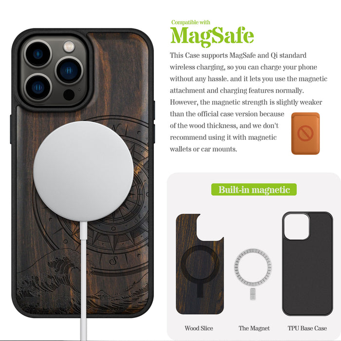 The Compass and the Wave, Classic Engraved Wood & TPU Case - Artisanal Cover for Apple iPhone