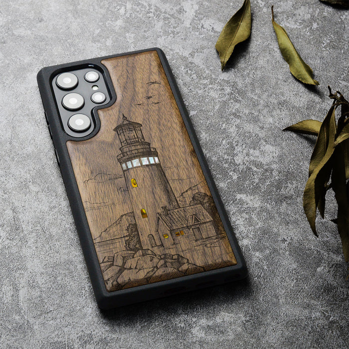 The Lighthouse, Hand-Inlaid Wood & Mother of Pearl Case - Artisanal Cover for Samsung Galaxy