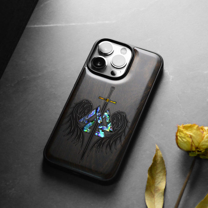 Wings of Valor Essence, Hand-Inlaid Wood & Mother of Pearl Case - Artisanal Cover for Apple iPhone