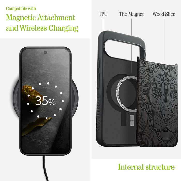 Zentangle Lion, Classic Engraved Wood & TPU Case - Artisanal Cover for Google Pixel