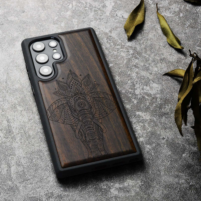 African Elephant in Linework Art, Classic Engraved Wood & TPU Case - Artisanal Cover for Samsung Galaxy