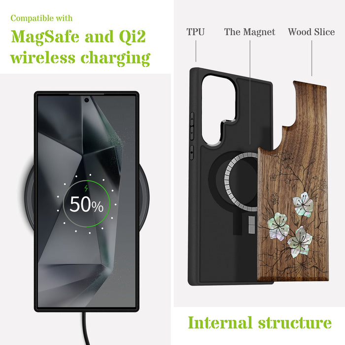 Whispering Sakura Blooms, Hand-Inlaid Wood & Mother of Pearl Case - Artisanal Cover for Samsung Galaxy