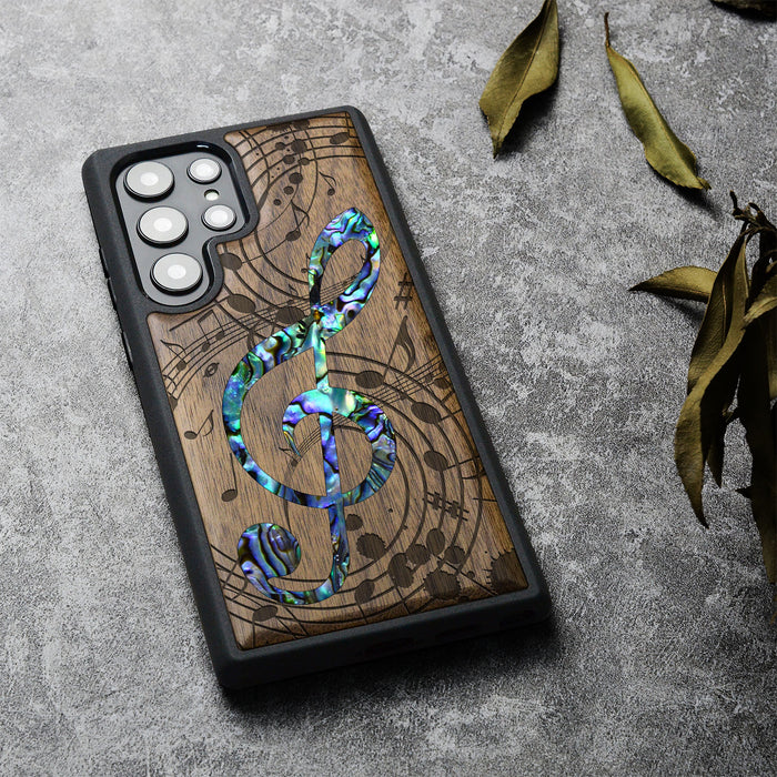 The Grand Clef and Musical Notes, Hand-Inlaid Wood & Mother of Pearl Case - Artisanal Cover for Samsung Galaxy