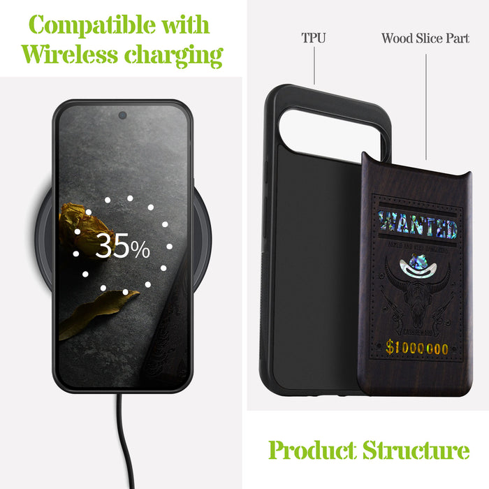 Western Wanted Poster, Hand-Inlaid Wood & Mother of Pearl Case - Artisanal Cover for Google Pixel