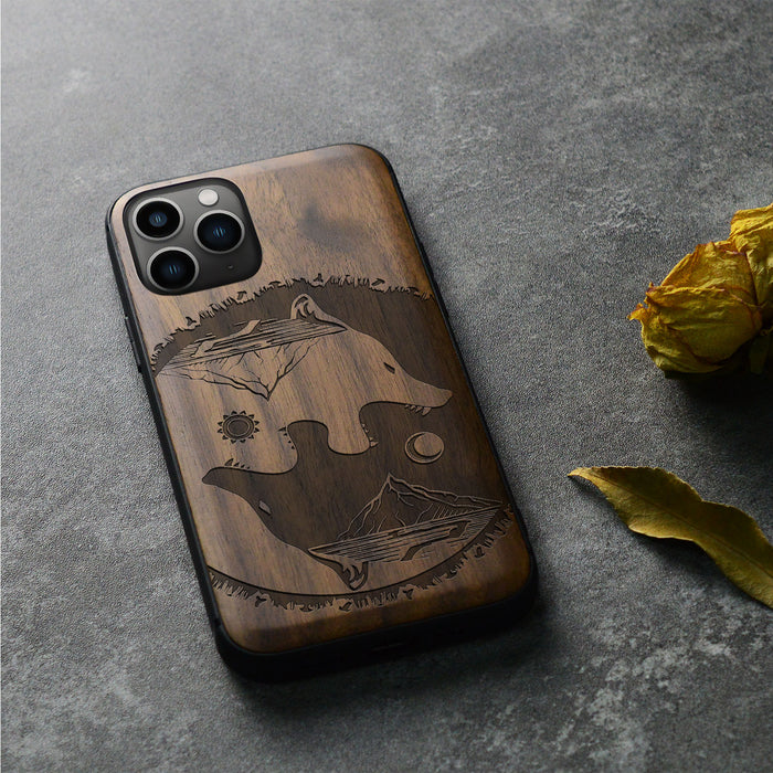 Yin-Yang Wolf, Classic Engraved Wood & TPU Case - Artisanal Cover for Apple iPhone