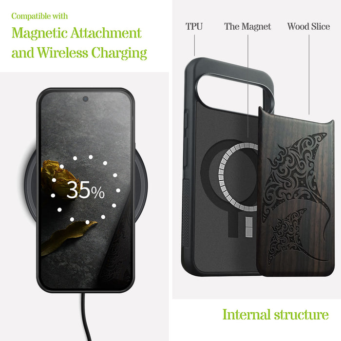Polynesian Manta Rays, Classic Engraved Wood & TPU Case - Artisanal Cover for Google Pixel