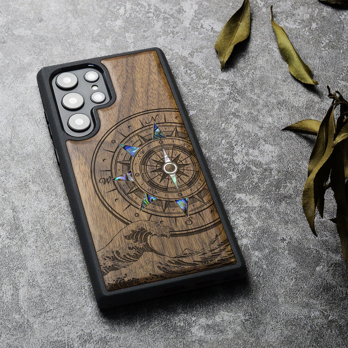 The Compass and the Wave, Hand-Inlaid Wood & Mother of Pearl Case - Artisanal Cover for Samsung Galaxy