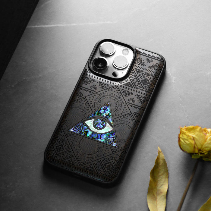 The All-Seeing Eye, Hand-Inlaid Wood & Mother of Pearl Case - Artisanal Cover for Apple iPhone