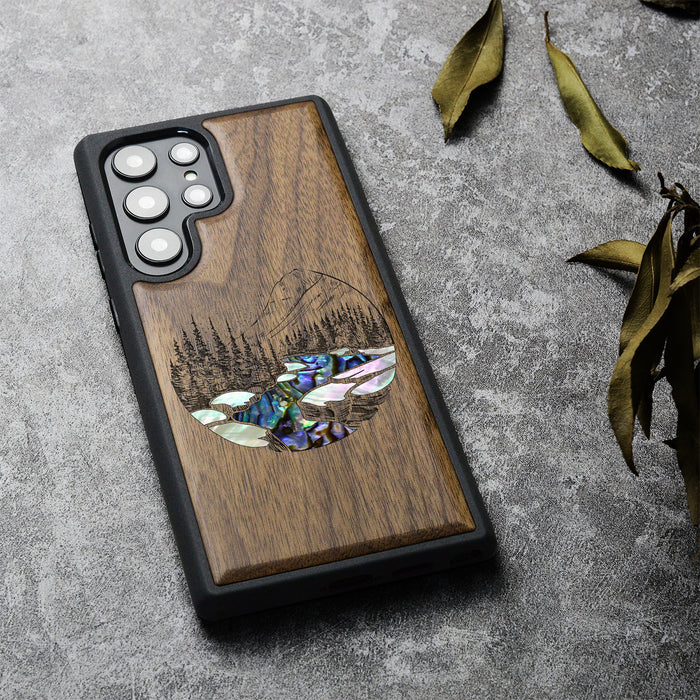 The Lake and Mountain Landscape, Hand-Inlaid Wood & Mother of Pearl Case - Artisanal Cover for Samsung Galaxy