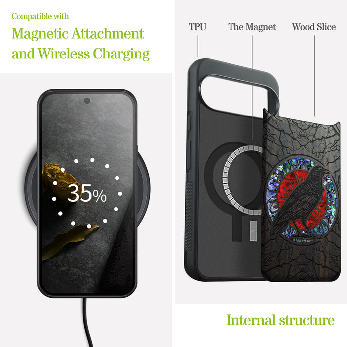 Luminous Crow Amidst Forest Lattice, Hand-Inlaid Wood & Mother of Pearl Case - Artisanal Cover for Google Pixel