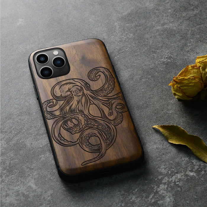 Bodybuilding Octopus Illustration, Classic Engraved Wood & TPU Case - Artisanal Cover for Apple iPhone