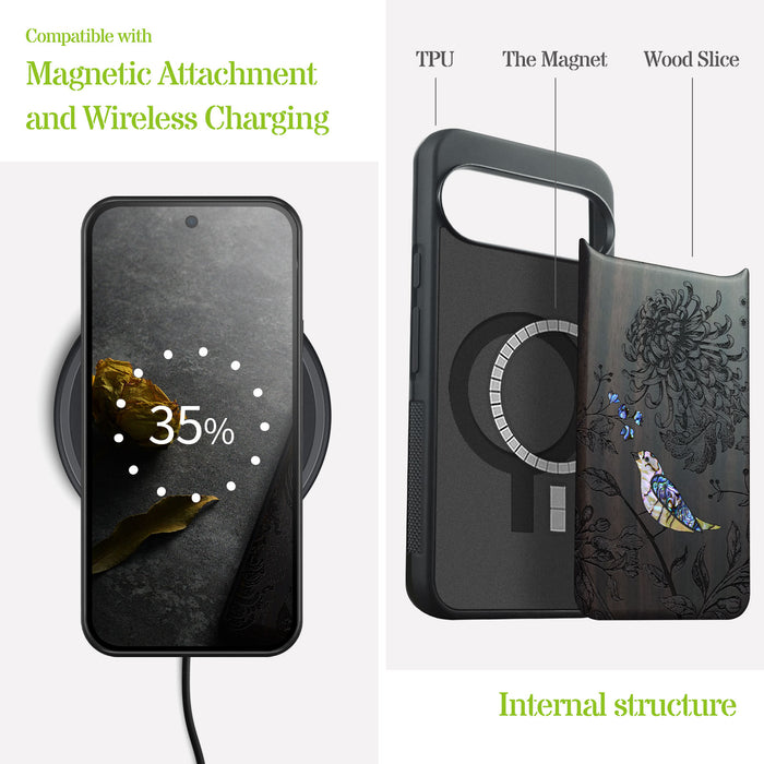 The Chrysanthemum and the Songbird, Hand-Inlaid Wood & Mother of Pearl Case - Artisanal Cover for Google Pixel