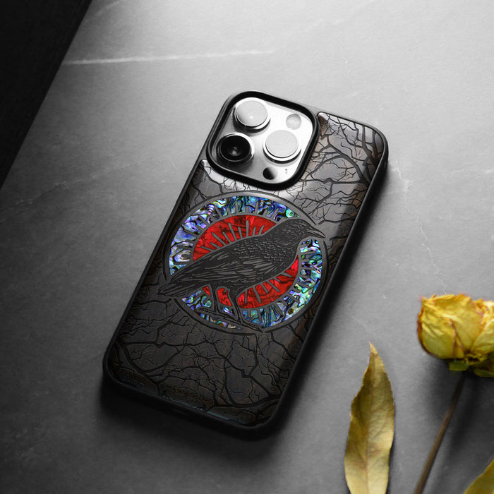 The Haloed Crow, Hand-Inlaid Wood & Mother of Pearl Case - Artisanal Cover for Apple iPhone