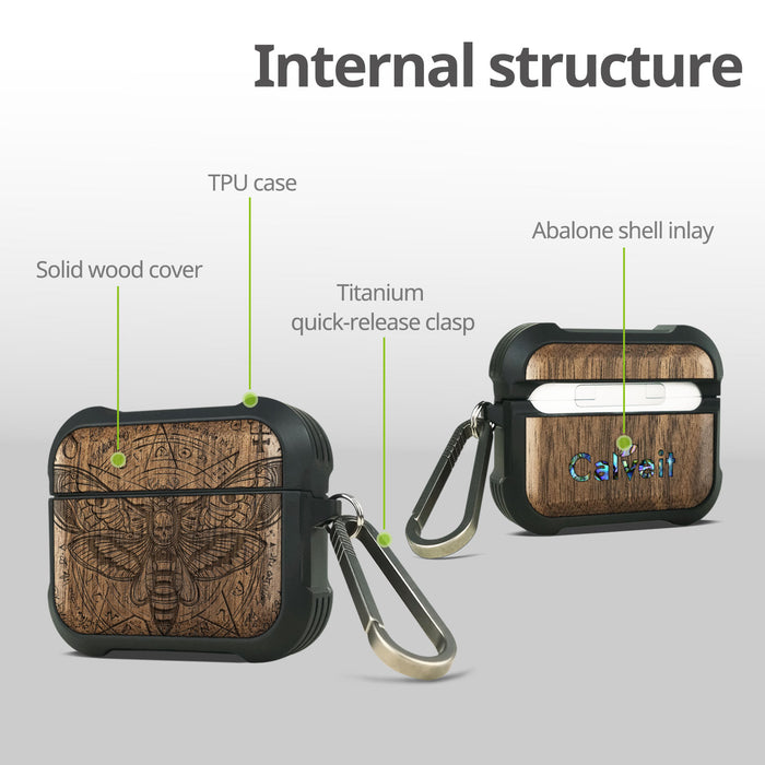 The Death Moth and Octagonal Star - Wood Artisan Engraved & Shell Hand-Inlaid Cover - Artisanal Case for Apple AirPods (Titanium Quick Released Clasp)