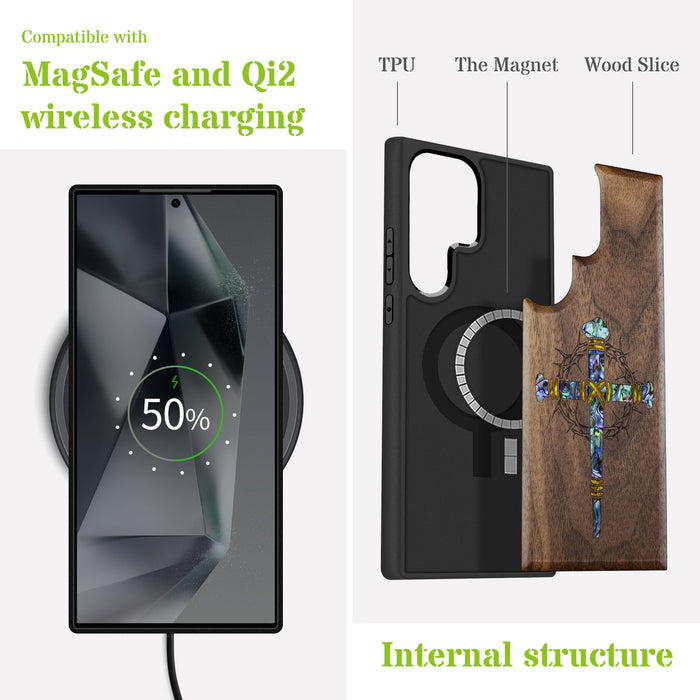 Crucifix Nails, Hand-Inlaid Wood & Mother of Pearl Case - Artisanal Cover for Samsung Galaxy