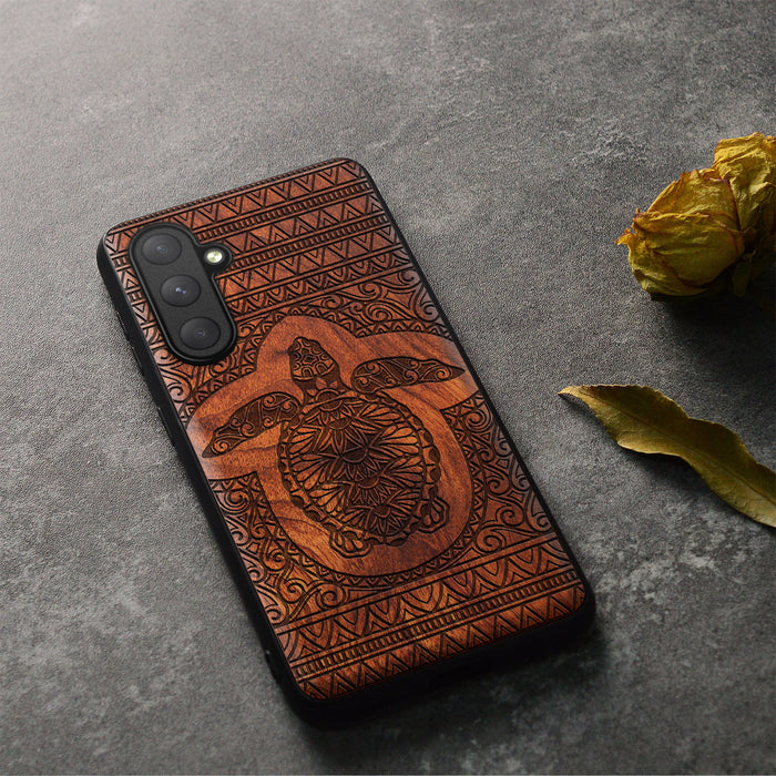 The Enigmatic Turtle of Timeless Patterns, Classic Engraved Wood & TPU Case - Artisanal Cover for Samsung Galaxy