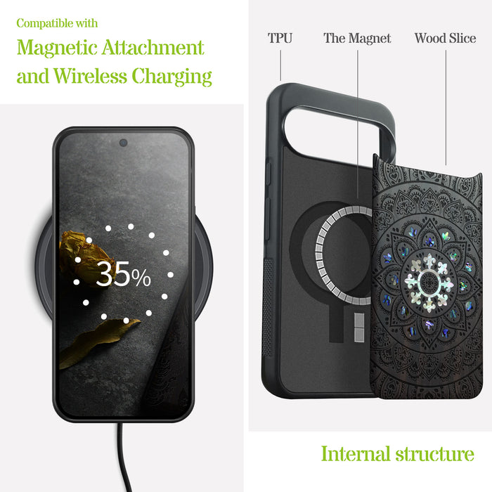 The Indian Mandala, Hand-Inlaid Wood & Mother of Pearl Case - Artisanal Cover for Google Pixel