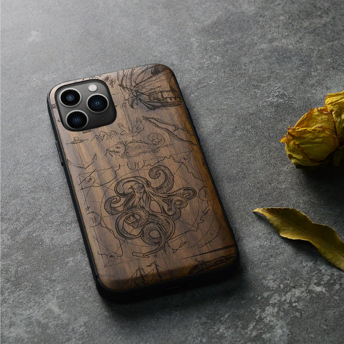 The Octopus and Maritime Treasures, Classic Engraved Wood & TPU Case - Artisanal Cover for Apple iPhone