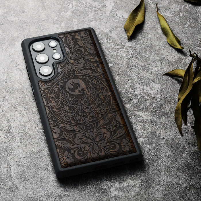 The Phoenix Mandala, Classic Engraved Wood & TPU Case - Artisanal Cover for Samsung Galaxy