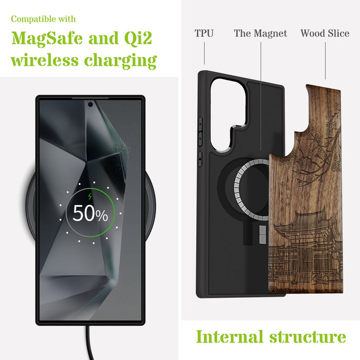 The Ancient Temple Amidst Cherry Blossoms, Classic Engraved Wood & TPU Case - Artisanal Cover for Samsung Galaxy