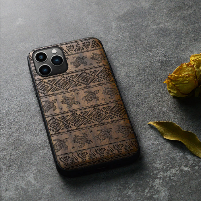 The Aztec Sea Turtle, Classic Engraved Wood & TPU Case - Artisanal Cover for Apple iPhone